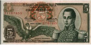 Colombia 5 pesos January 02 1961 

Condor at left. Jose Maria Corboba at right. Fortress at Cartagena on reverse. Banknote