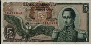 Colombia 5 pesos May 01 1963 

Condor at left. Jose Maria Corboba at right. Fortress at Cartagena on reverse. Banknote