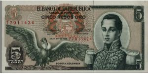 Colombia 5 pesos July 20 1963 

Condor at left. Jose Maria Corboba at right. Fortress at Cartagena on reverse. Banknote