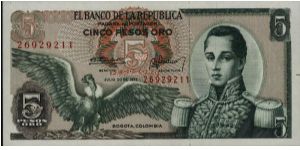 Colombia 5 pesos July 20 1971 

Condor at left. Jose Maria Corboba at right. Fortress at Cartagena on reverse. Banknote