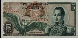 Colombia 5 pesos July 20 1971 

Condor at left. Jose Maria Corboba at right. Fortress at Cartagena on reverse. Banknote