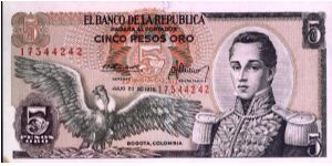 Colombia 5 pesos July 20 1976 

Condor at left. Jose Maria Corboba at right. Fortress at Cartagena on reverse. Banknote