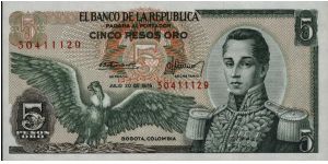 Colombia 5 pesos July 20 1976 

Condor at left. Jose Maria Corboba at right. Fortress at Cartagena on reverse. Banknote