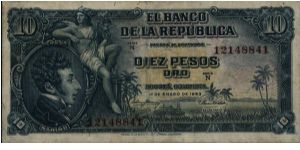 Colombia 10 pesos January 01 1953 Banknote