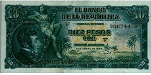 Colombia 10 pesos January 01 1958 Banknote