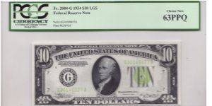 1934 $10 CHICAGO FRN

**PCGS 63PPQ**

***LIME GREEN SEAL***


**REPLACING A LOWER GRADE NOTE** Banknote