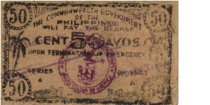 S-404 RARE Leyte 50 Centavos note. Banknote