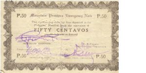 S594b RARE Mountain Province 50 centavos note with countersign on reverse. Banknote