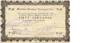 S594b RARE Mountain Province 50 centavos note with countersign on reverse. Banknote