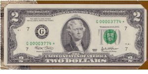 2003 $2 CHICAGO FRN

**STAR NOTE**

**FROM PRINT RUN OF 16,000**

**IN BEP COLLECTORS FOLDER** Banknote