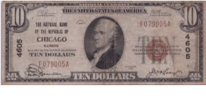 1929 $10 THE NATIONAL BANK OF THE REPUBLIC OF CHICAGO

**NATIONAL NOTE**

**TYPE I**

**BROWN SEAL** Banknote