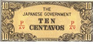 PI-104b RARE Philippine 10 centavos note under Japan rule, fractional block letters P/AV Banknote