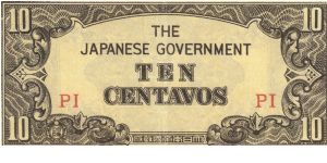 PI-104a RARE Philippine 10 centavos note under Japan rule, block letters PI. Banknote