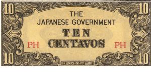 PI-104a RARE Philippine 10 centavos note under Japan rule, block letters PH. Banknote