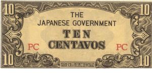 PI-104a RARE Philippine 10 centavos note under Japan rule, block letters PC. Banknote