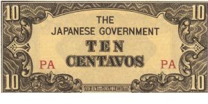 PI-104a RARE Philippines 10 centavos note under Japan rule, block letters PA. Banknote
