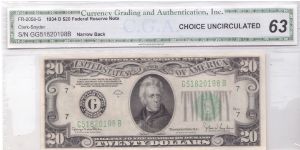 1934 D $20 CHICAGO FRN **NARROW BACK**

**CGA CHOICE UNCIRCULATED 63** Banknote