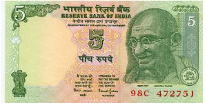 5 Rupees
Green/Pink/Blue 
Sign 88
Value & Mahatma Gandhi
Man on tractor plowing
Wmk Gahndi Banknote