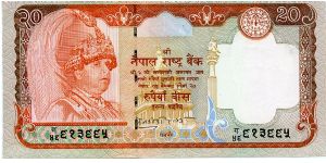 20 Rupees
Orange/Brown/Blue/Green
Sig unknown
King Gyanedra Bir Bikram, Temple
Deer, mountains & coat of arms
Wmk Plumed crown Banknote