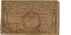 S-403 Rare Leyte  Emergency Currency Board 20 Centavos note. Banknote