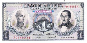 Colombia, 1 peso May 01 1970.

Simón Bolívar at l. Gen Francisco de Paula Santander at r. Liberty head, Condor & waterfall on rvs. Banknote