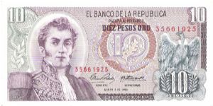 Colombia 10 pesos January 02 1969.

General Antonio Nariño at left. Condor at right. Archaeological site (Parque arqueológico San Agustin) Banknote