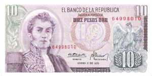 Colombia 10 pesos January 01 1975.

General Antonio Nariño at left. Condor at right. Archaeological site (Parque arqueológico San Agustin) Banknote