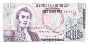 Colombia 10 pesos July 20 1976.

General Antonio Nariño at left. Condor at right. Archaeological site (Parque arqueológico San Agustin) Banknote