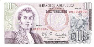 Colombia 10 pesos August 07 1980.

General Antonio Nariño at left. Condor at right. Archaeological site (Parque arqueológico San Agustin) 
AZ series Banknote