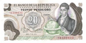 Colombia 20 pesos April 01 1979.

Gen. Francisco José de Caldas with globe at right. Poporo Quimbaya and Gold treasure from gold Museum on reverse.

Consecutive series 16306632/33/34 Banknote