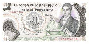 Colombia 20 pesos January 01 1982.

Gen. Francisco José de Caldas with globe at right. Poporo Quimbaya and Gold treasure from gold Museum on reverse.

Consecutive series 58623703/04/05/06 Banknote