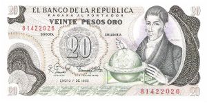 Colombia 20 pesos January 01 1982.

Gen. Francisco José de Caldas with globe at right. Poporo Quimbaya and Gold treasure from gold Museum on reverse. Banknote