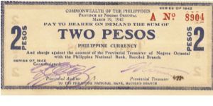S-655a RARE Commonwealth of the Philippines Negros Oriental 2 Pesos note. Banknote