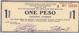 S-654a RARE Commonwealth of the Philippines Negros Oriental 1 Peso note. Banknote