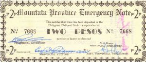 S-596b Mountain Province Emergency 2 Peso note with rare countersign on reverse. Banknote