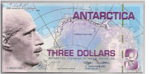 Antarctica 3 Dollars 2007 PNL Specimen. Banknote