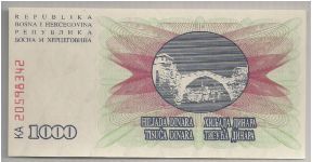 Bosnia 1000 Dinara 1992 P15a. Banknote