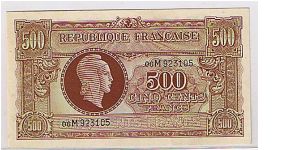 REPUBLIC OF FRANCE
500 CENTS/5 FRANCS Banknote