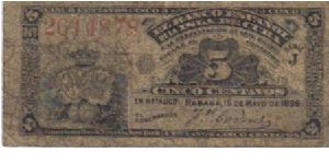 Small note (1-3/8 x 3). Spanish Bank of the Island of Cuba colonial issue Banknote