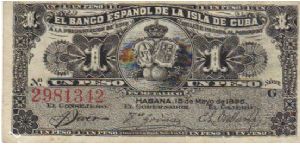 Small note (1-3/4 x 3-3/4). Spanish Bank of the Island of Cuba colonial issue Banknote