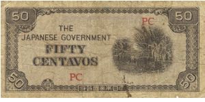 PI-105 Philippine 50 centavo note under Japan rule, block letters PC. Banknote