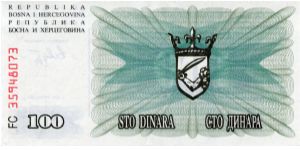 100 Dinara
Black/Olive
Crowned arms
Value & geometric design
Wtmk Diamonds Banknote