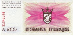 500 Dinara
Brown/Pink/Ocher
Crowned arms
Value & geometric design
Wtmk Diamonds Banknote
