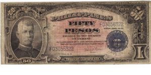 PI-122b Philippine 50 Pesos Victory note with Central Bank of the Philippines overprint. Banknote