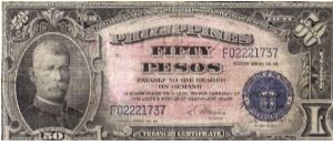 PI-122a Philippine 50 Pesos Victory note with Central Bank of the Philippines overprint. Banknote
