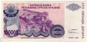 *SERBIAN REPUBLIC of KRAJINA*__

100'000 Dinara__

pk# R 22__

Issue for the Serbian Occupied Krajina Region at Knin
 Banknote