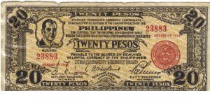 S-224a RARE Cebu twenty Pesos note signed on reverse by 3 board members. Banknote