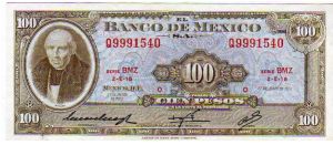 100 Pesos__

pk# 61 h__

27-June-1972__

Series BHZ
 Banknote