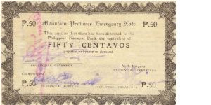 S-594b Mountain Province 50 centavos note with countersign on reverse. Banknote