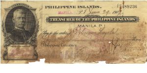 RARE Treasurer of the Philippine Islands Governer Lawton check. Banknote